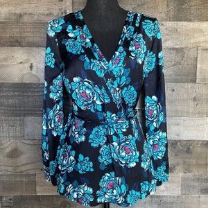 ModCloth satin wrap tie front kimono blouse surplice style cabbage roses
